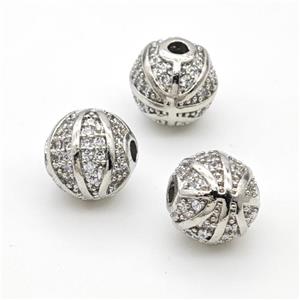 Copper Round Beads Micropave Zirconia Basketball Sports Platinum Plated, approx 10mm