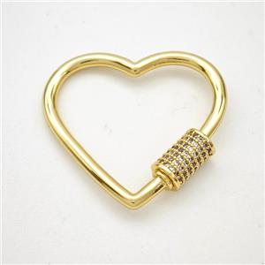 Copper Heart Carabiner Clasp Micropave Zirconia Gold Plated, approx 30mm