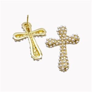 Copper Cross Stud Earrings Micropave Pearlized Resin Gold Plated, approx 21-30mm