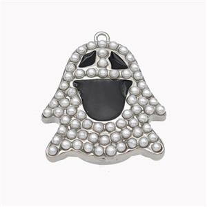 Halloween Ghost Charms Copper Pendant Pave Pearlized Resin Black Enamel Platinum Plated, approx 24-26mm