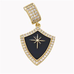 Copper Shield Pendant Pave Zirconia Black Enamel Star Gold Plated, approx 19-20mm, 6-11mm, 4mm hole