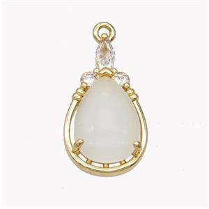 Copper Teardrop Pendant Pave White Cateye Glass Gold Plated, approx 12.5-22mm