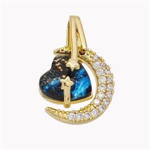 Copper Moon Heart Pendant Pave Acrylic Zirconia Gold Plated, approx 15-23mm