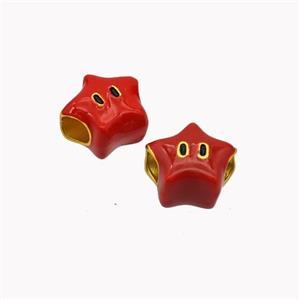 Copper Star Emoji Beads Red Enamel Large Hole Gold Plated, approx 11mm, 4mm hole