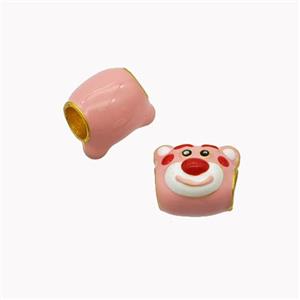 Copper Bear Beads Pink Enamel Large Hole Cartoon Gold Plated, approx 10-11mm, 4mm hole