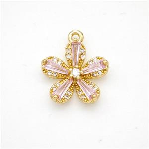 Copper Flower Pendant Pave Pink Crystal Glass Zirconia Gold Plated, approx 13.5mm