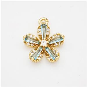 Copper Flower Pendant Pave Blue Crystal Glass Zirconia Gold Plated, approx 13.5mm