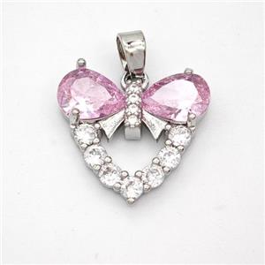 Copper Heart Pendant Pave Pink Crystal Glass Zirconia Platinum Plated, approx 15-17mm