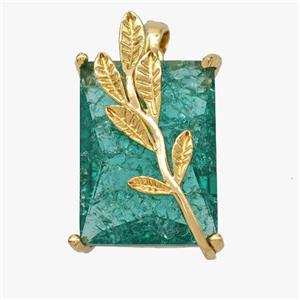 Copper Leaf Pendant Pave Green Crystal Glass Rectangle Gold Plated, approx 13-20mm