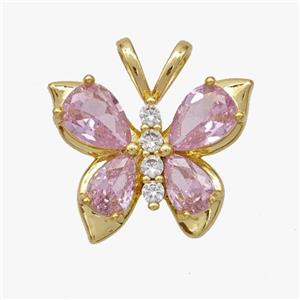 Copper Butterfly Pendant Pave Pink Crystal Glass Gold Plated, approx 18-20mm