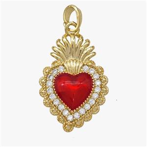 Copper Heart Pendant Pave Zirconia Red Painted Gold Plated, approx 17-25mm