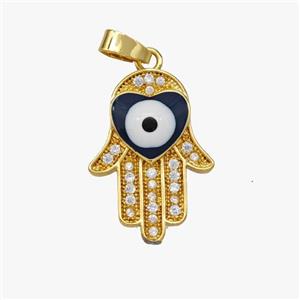 Copper Hamsahand Pendant Pave Zirconia Eye Enamel Gold Plated, approx 14-20mm