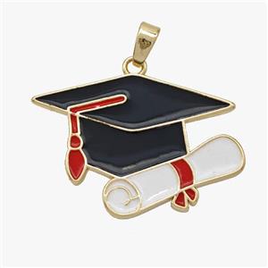 Copper Bachelor Cap Pendant Black White Enamel Graduation Gold Plated, approx 20-26mm