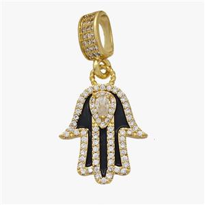 Copper Hamsa Hand Pendant Pave Zirconia Black Enamel Gold Plated, approx 19-22mm, 6-11mm