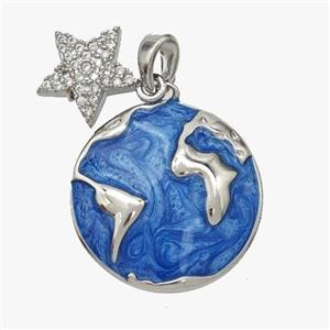 Copper Earth Pendant Blue Painted Star Platinum Plated, approx 11mm, 20mm