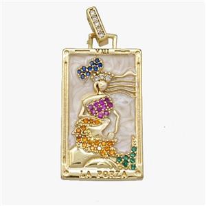 Copper Tarot Card Pendant Pave Zirconia Empress White Enamel Gold Plated, approx 15-25mm