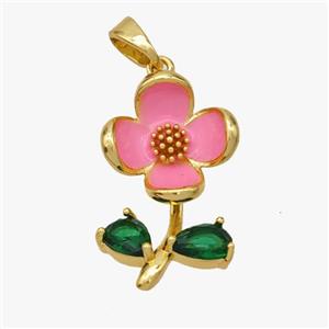 Copper Flower Pendant Pave Crystal Glass Pink Enamel Gold Plated, approx 13-22mm