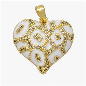 Copper Heart Pendant Micropave Zirconia White Enamel Gold Plated, approx 20mm