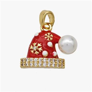 Christmas Hat Charms Copper Pendant Pave Zirconia Resin Red Enamel Gold Plated, approx 11-18mm