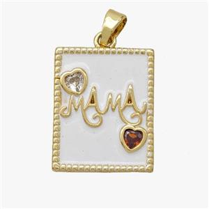 Copper MAMA Pendant Pave Zirconia White Enamel Rectangle Gold Plated, approx 15-19mm