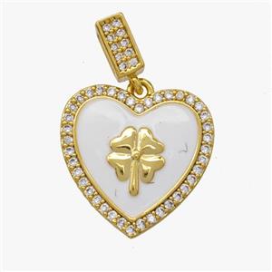 Copper Heart Pendant Pave Zirconia White Enamel Clover Gold Plated, approx 18mm, 5-7mm