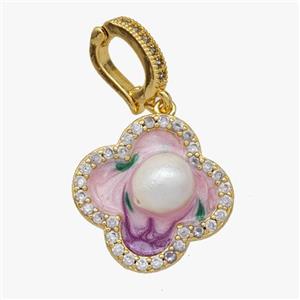 Copper Clover Pendant Pave Zirconia Pearl Painted Gold Plated, approx 18mm, 8-11mm