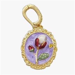 Copper Flower Pendant Pave Pearl Purple Painted Gold Plated, approx 18-20mm, 8-11mm