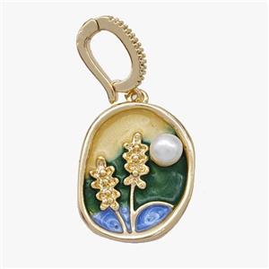 Copper Flower Pendant Pave Pearl Painted Gold Plated, approx 16-20mm, 8-11mm