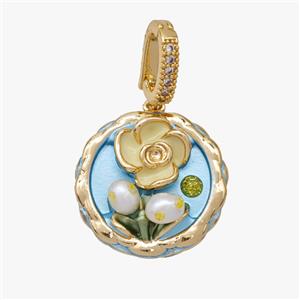 Copper Flower Pendant Pave Pearl Painted Gold Plated, approx 22mm, 8-11mm