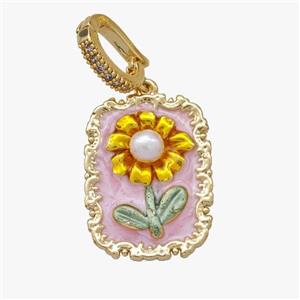 Copper Flower Pendant Pave Pearl Painted Gold Plated, approx 18-23mm, 8-11mm