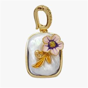 Copper Flower Pendant Pave Pearl Painted Gold Plated, approx 18-21mm, 8-11mm