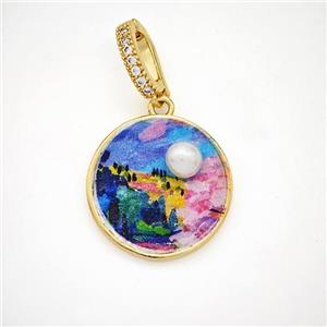 Picture Of Landscape Charms Copper Circle Pendant Pave Pearlized Resin Painted Gold Plated, approx 20mm, 8-12mm