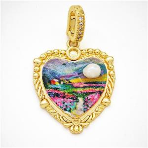 Picture Of Landscape Charms Copper Heart Pendant Pave Pearlized Resin Painted Gold Plated, approx 25-27mm, 8-12mm