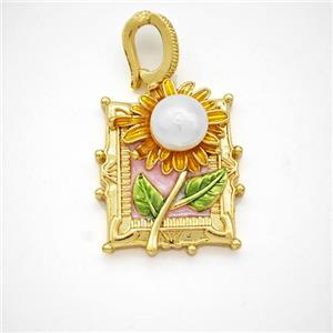 Copper Flower Pendant Pave Pearlized Resin Painted Gold Plated, approx 20-22mm, 8-12mm