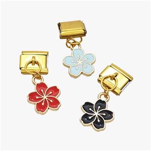 Stainless Steel Element For Module Bracelet With Copper Flower Pendant Enamel Gold Plated Mixed, approx 12mm, 9-10mm