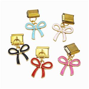 Stainless Steel Element For Module Bracelet With Copper Bowknot Pendant Enamel Gold Plated Mixed, approx 15.5-17.5mm, 9-10mm