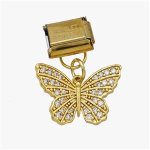 Stainless Steel Element For Module Bracelet With Copper Butterfly Pendant Pave Zirconia Gold Plated, approx 12-18mm, 9-10mm