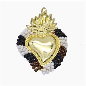 Copper Heart Pendant With Seed Glass Wire Wrapped Gold Plated, approx 35-50mm