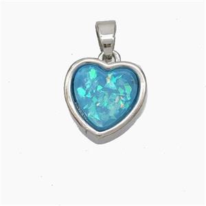 Copper Heart Pendant Pave Aqua Fire Opal Platinum Plated, approx 11.5mm