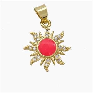 Copper Sun Pendant Pave Zirconia Red Enamel Gold Plated, approx 15mm