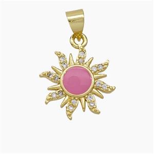 Copper Sun Pendant Pave Zirconia Pink Enamel Gold Plated, approx 15mm