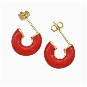 Copper Stud Earrings Red Enamel Gold Plated, approx 12.5mm