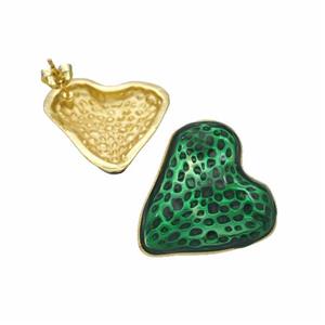 Copper Heart Stud Earrings Green Painted Gold Plated, approx 25mm