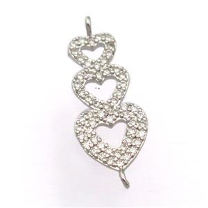 copper heart connector pave zircon, platinum plated, approx 10-20mm