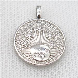 copper circle pendant pave zircon, platinum plated, approx 20mm dia