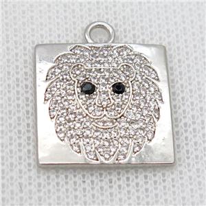 copper square pendant pave zircon, lionHead, platinum plated, approx 20x20mm