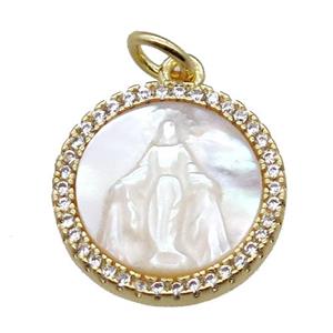 copper circle pendant pave zircon with shell virgin mary, gold plated, approx 15mm dia