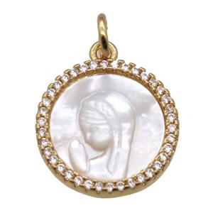 copper circle pendant pave zircon with shell virgin mary, gold plated, approx 15mm dia