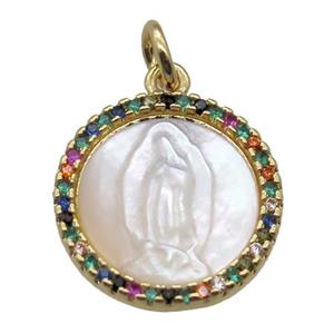 copper circle pendant pave zircon with shell virgin mary, gold plated, approx 15mm dia