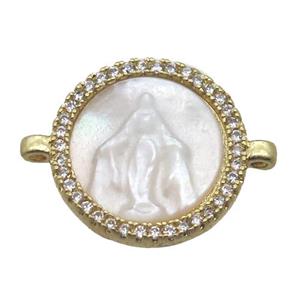 copper circle conector pave zircon with shell virgin mary, gold plated, approx 15mm dia